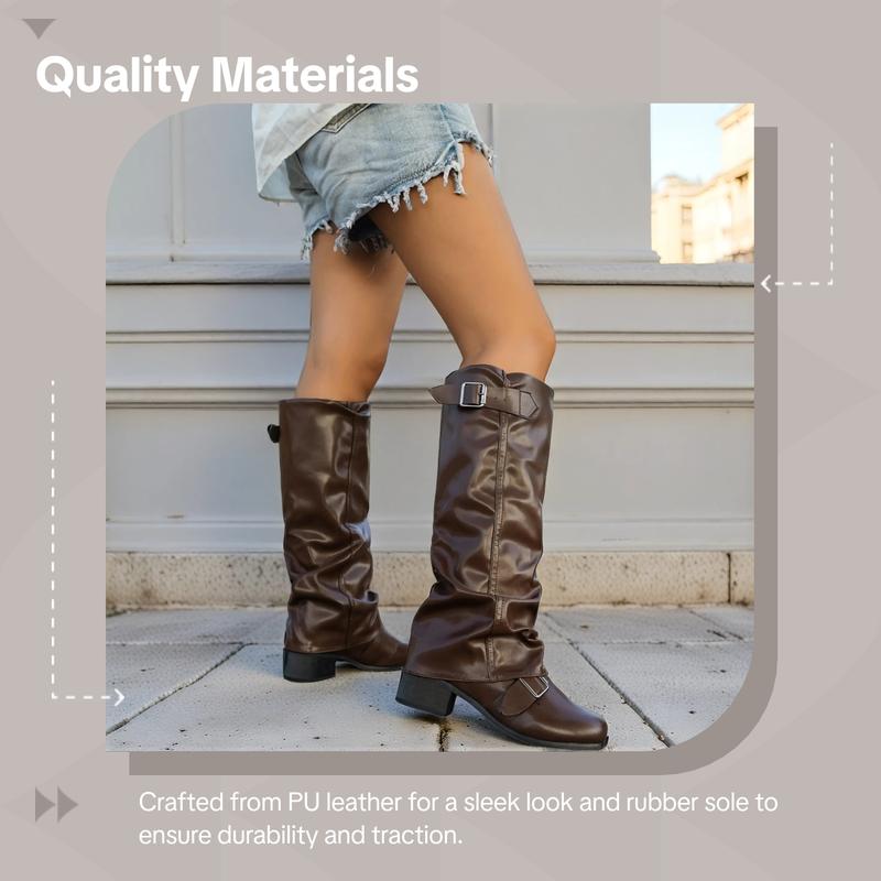 Women's Fashion PU Leather Low Heel Long Boots, Casual Wrinkle Leg Motorcycle Boots, Western Style Biker Boots for Ladies