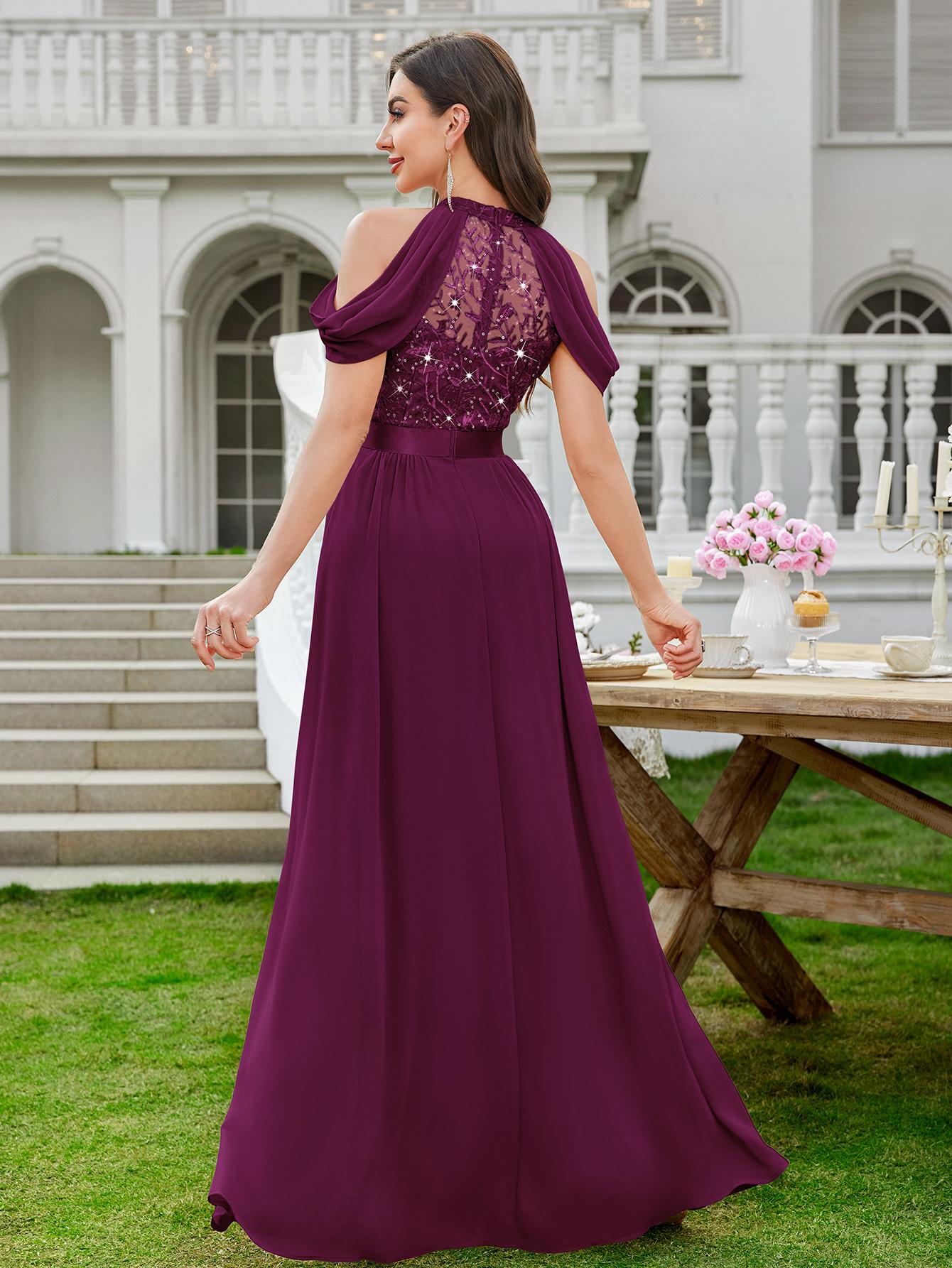 MIUSOL 24413A Women's Elegant Halter Sequin Embroidered Lace Off Shoulder Chiffon Sleeve Formal Evening Party Maxi Dress for Cocktail and Prom Events