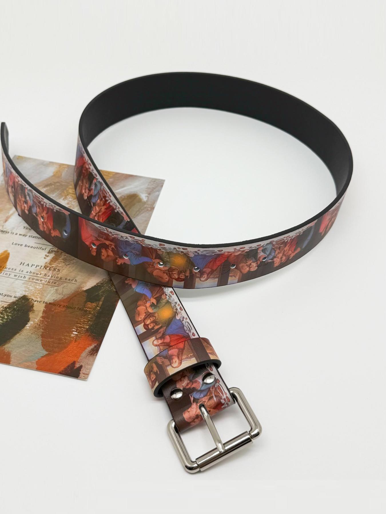 Women's Vintage  Leather Belts for Jeans Pants Fashion Trendy Exquisite Belt Ladies Belt with Silver Buckle & Oil Painting Print Street Style Belt Vintage Western Belt