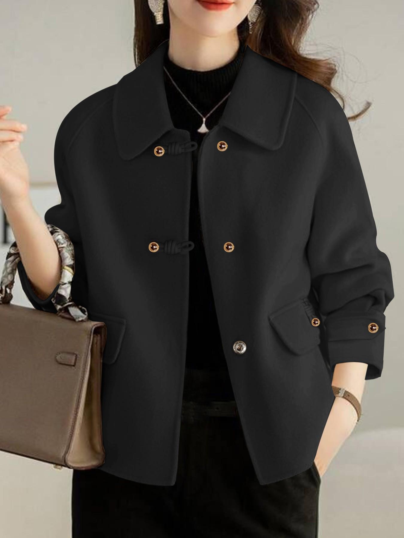 French Fashion Women's Autumn Winter Thicken Woolen Coat, Ladies Short Jacket, Elegant Casual Loose Double-Sided Floral Tweed Long Sleeve Pockets Outerwear