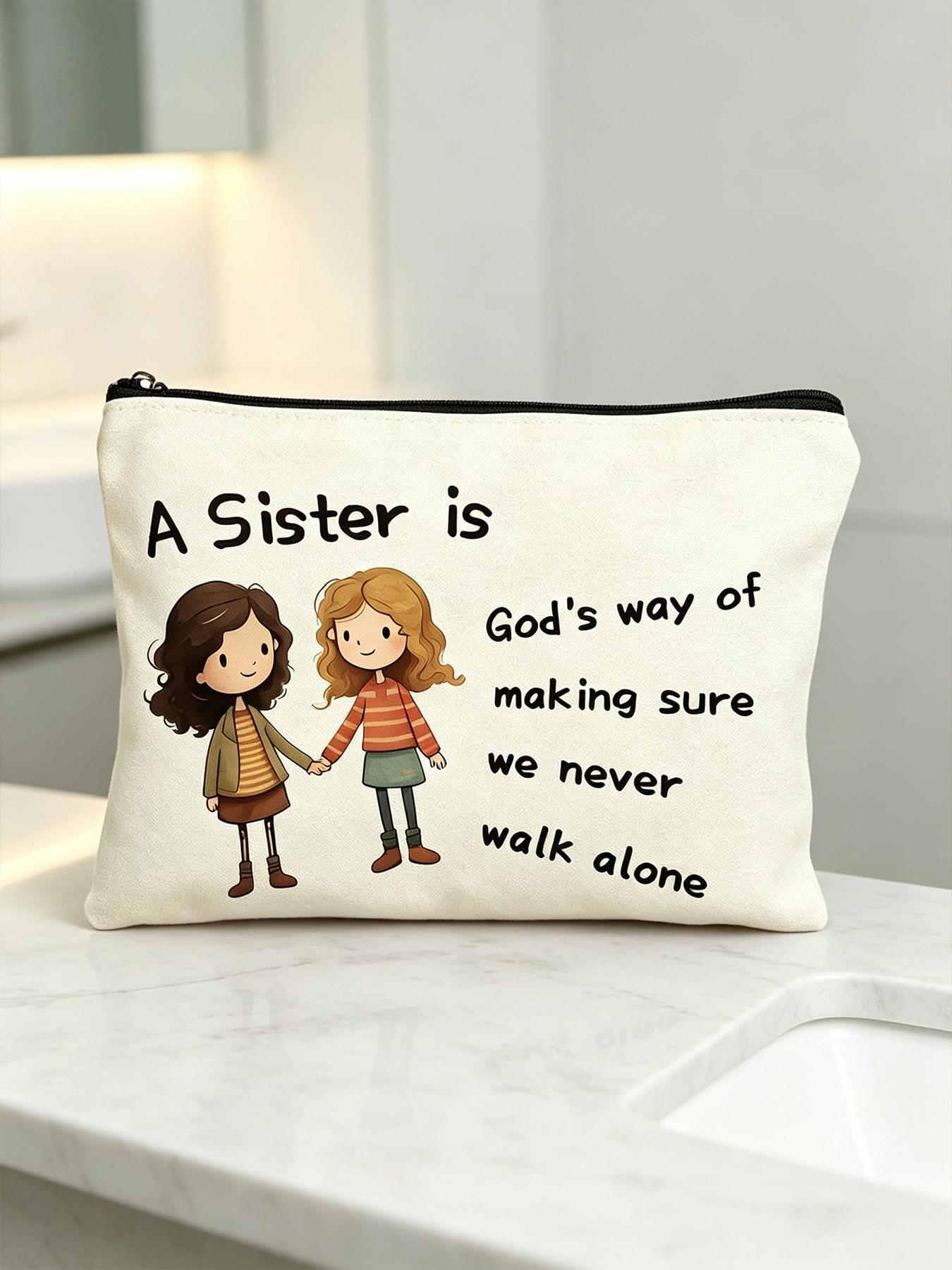 Warm Friend Theme Canvas Makeup Bag, Cartoon Sister Illustration, Zipper, Durable Fabric, Ideal for Daily Use and Travel Gifts