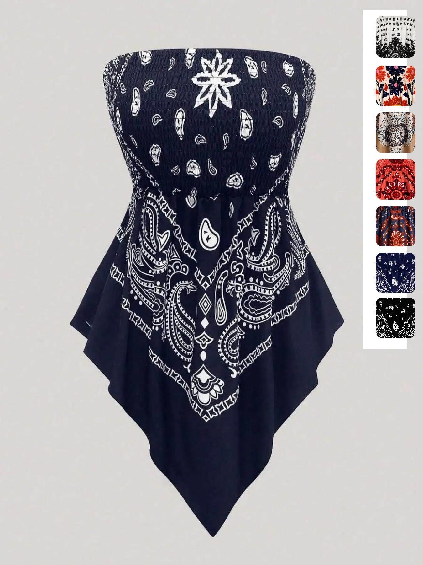 Plus Size Women's Ethnic Print Strapless Top, Bohemian Style Asymmetrical Hem Tube Top, Casual Summer Fashion Top