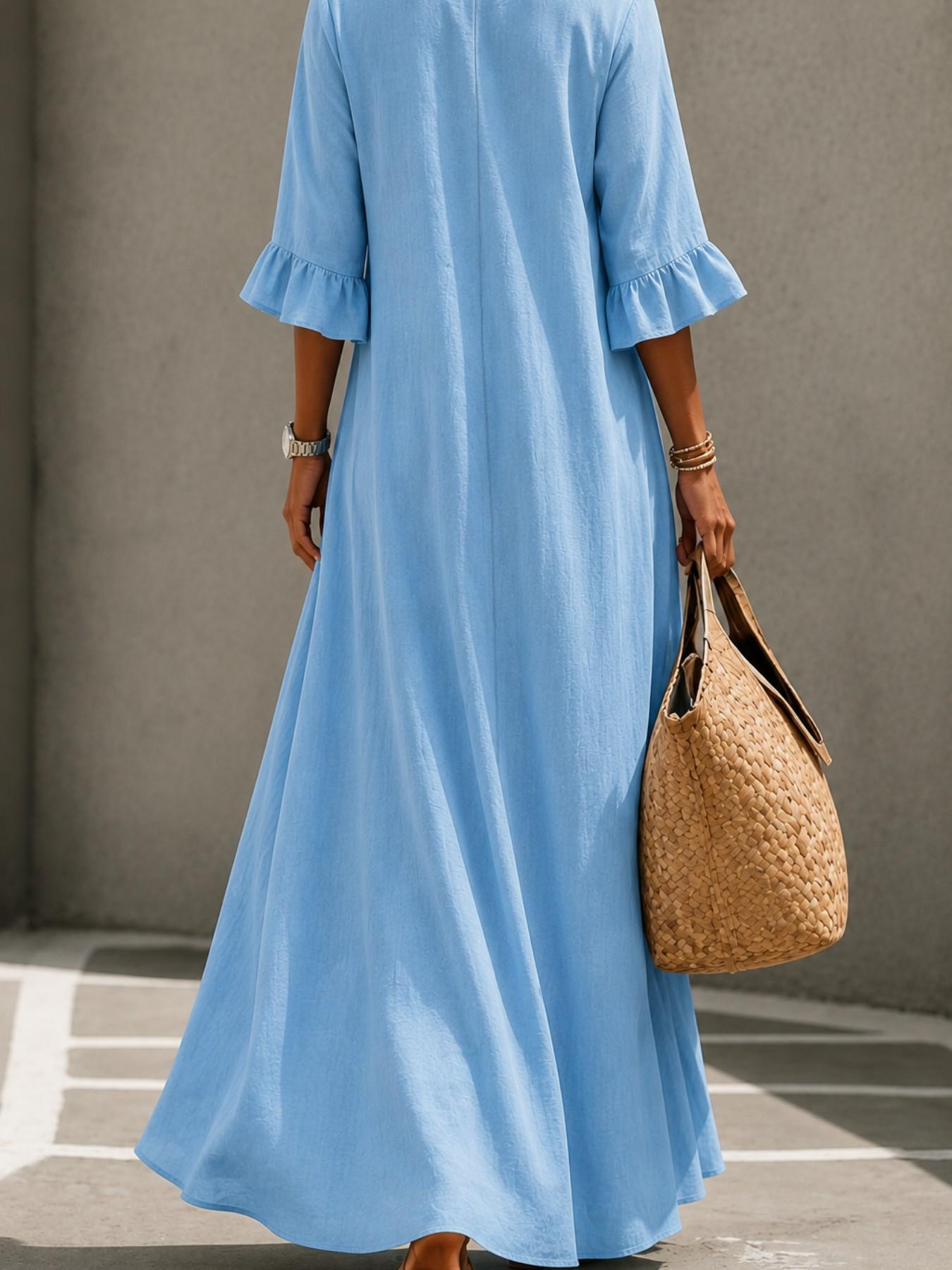 Women's Boho Aesthetic Style Solid V-Neck Dress with Wooden Buttons and Ruffle Sleeves, Loose-Fit A-Line Skirt, Fall & Winter Casual Wear
