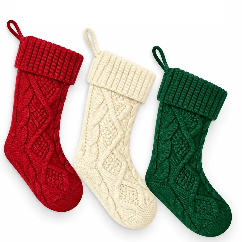 3 Pack Large Knitted Christmas Stockings, Cable Knit Holiday Stockings with Hanging Loop, Classic Fireplace Mantel Decorations for Home, Christmas Party and Gift Giving