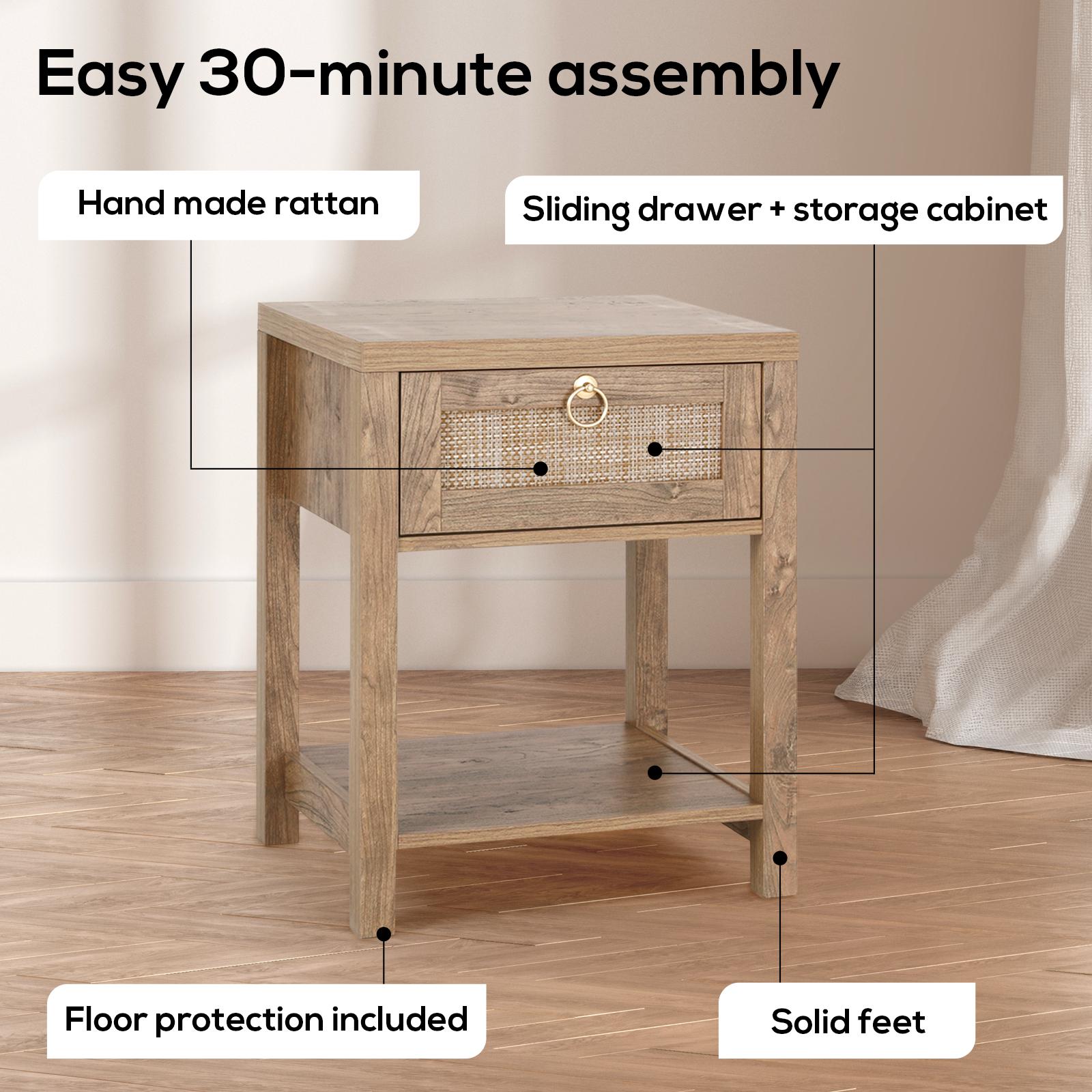 VOWNER Handmade Rattan Nightstand Set of 2, Mid Century Bedside Table with Storage Drawer and Open Shelf, Night Stand for Bedroom