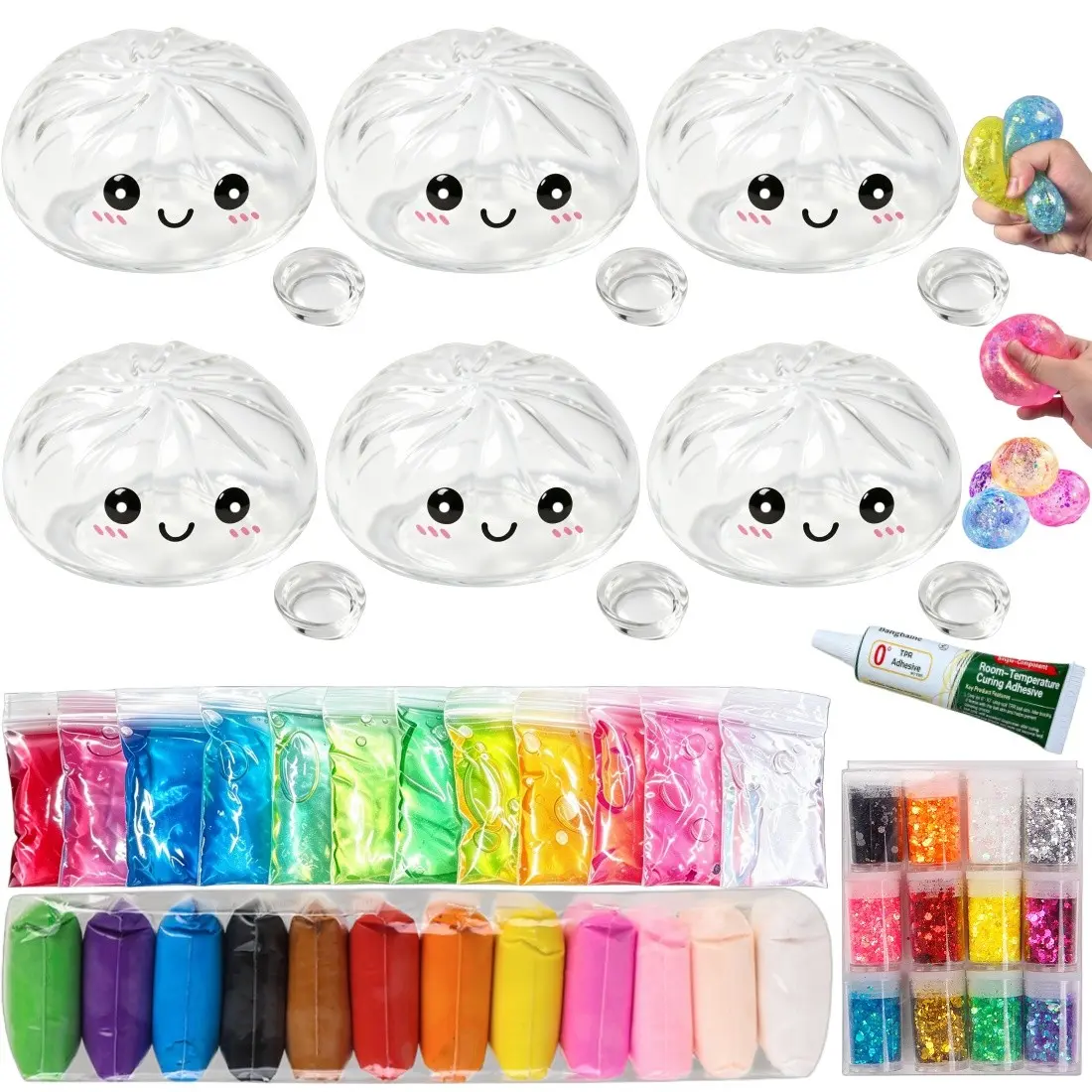 DIY Stress Ball Kit, Stress Ball Squishies, includes 12 colors of clay, 12 colors of glitter powder, 6 transparent blank skins in the shape of dumplings, for kneading pressure balls and making stress relief soft balls