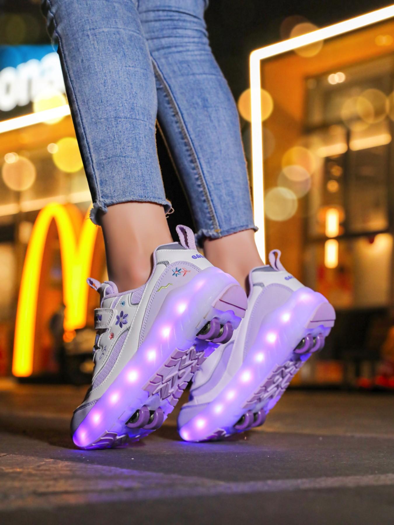 Girls' Four-Wheel Roller Skates, New Wheel Sports Shoes, Adjustable Velcro Skate Shoes, Breathable Mesh, LED Light-Up, USB Charging, Shoes with Wheels