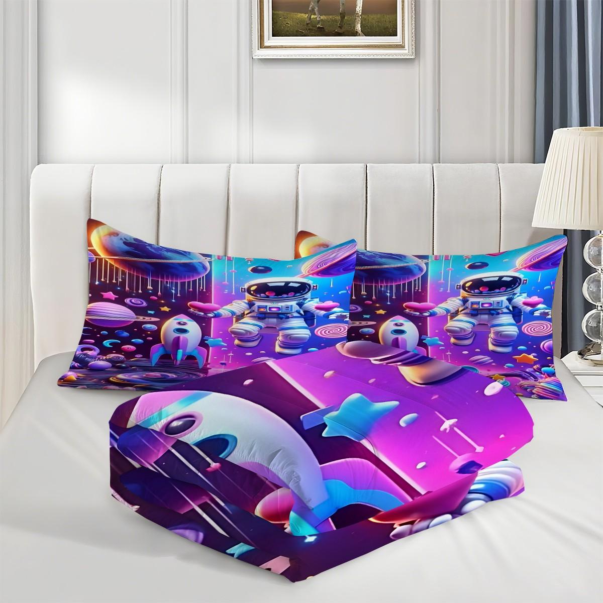 2/3-Piece Astronaut Patterned Comforter Set, Psychedelic Pop Style Bedding Set, Delicate Patterned Soft Quilted Bedspread, Perfect for Adding A Lively Atmosphere to Your Bedroom or Room, Including 1 or 2 Pillowcases, No Pillow Core
