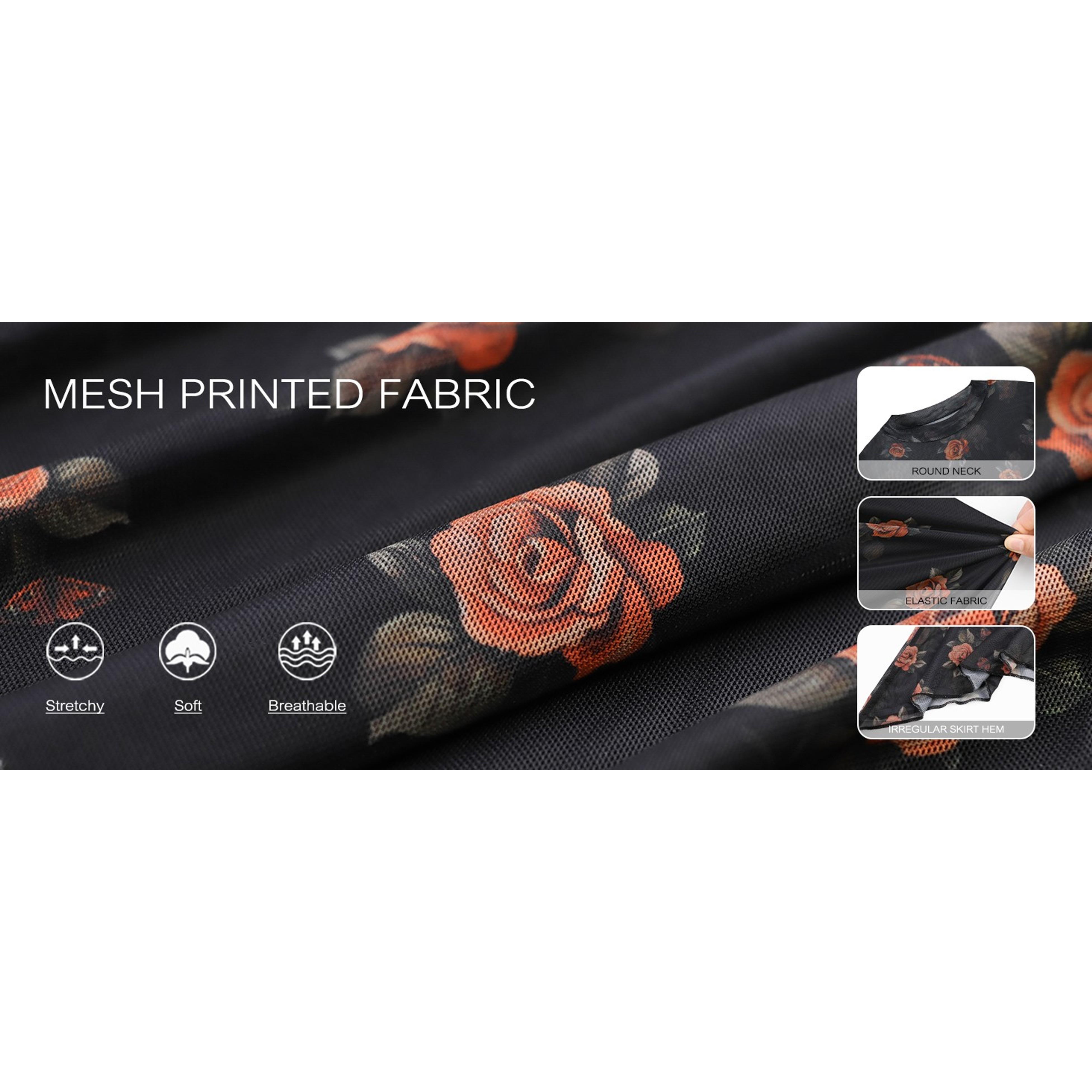 Women's Vintage Goth Midi Dress - Floral Print, Mesh Spliced, Double-Layered, Irregular Hemline, Flower Accent, Slim Fit, for Wedding Guests, Party, Casual, Everyday Wear