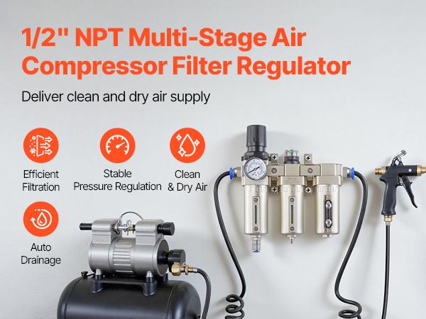 VEVOR Air Compressor Filter Regulator, 1/2 NPT 3-Stage 5m 0.3m 0.1m Air Drying System with Micron Filters and Desiccant Dryer, Auto Drain Air Compressor Water Separator 175PSI Max Pressure