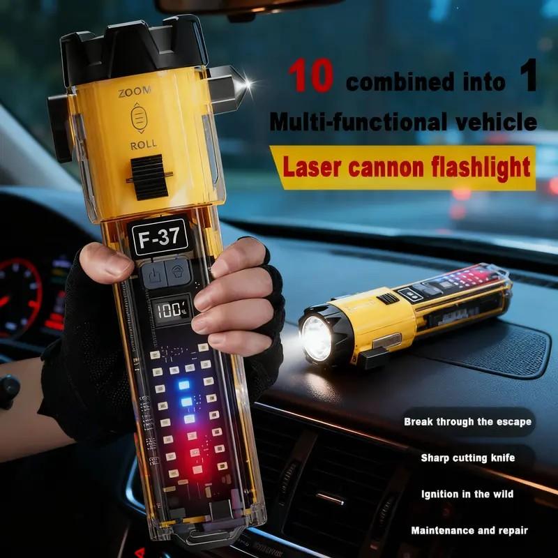 10 in 1 Rechargeable Multi-Function Laser Flashlight with High Lumen LED, Emergency Hammer with Window Breaker, Perfect for Car, Home, Outdoor Survival, and Personal Safety