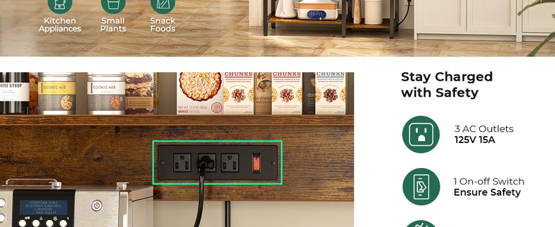 SUPERJARE Bakers Rack with Power Outlet, 35.4 Inches Coffee Bar with Wire Basket, Kitchen Microwave Stand with 6 S-Shaped Hooks, Open Storage Shelves