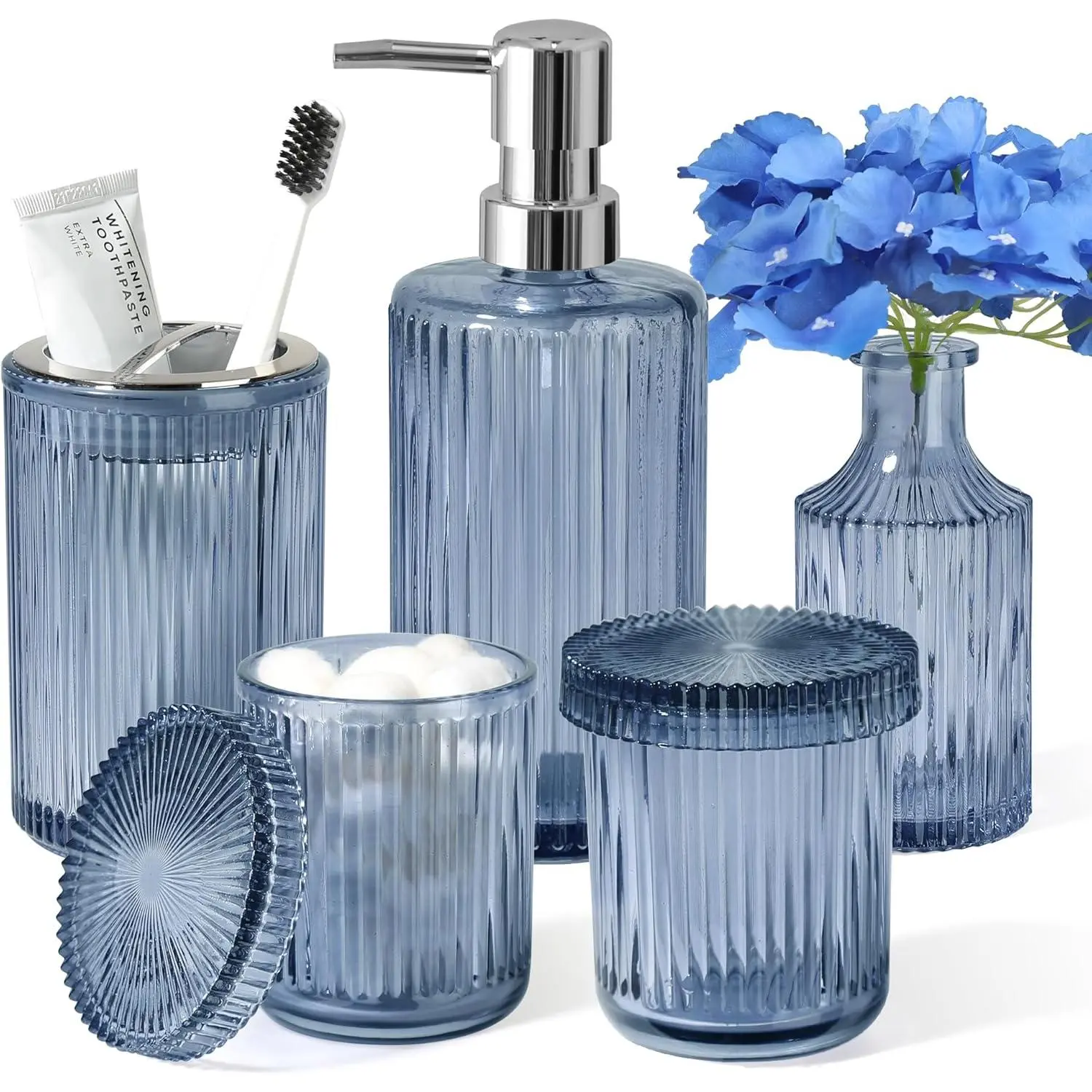 Blue Bathroom Accessories 5 Pcs, Glass Bathroom Accessory Set, Vintage Blue Bathroom Set, Royal Soap Dispenser and Toothbrush Holder Set, Qtip Holder, Small Flower Vase, Modern Bathroom Decor