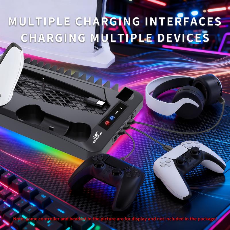 GAMINJA P58 Charging Base Cooling Bracket Compatible With PS5 Console, Vertical Stand Cooling Fan, Multi-functional Cooling & Charging Station for PS5 Slim Pro All Model Universal