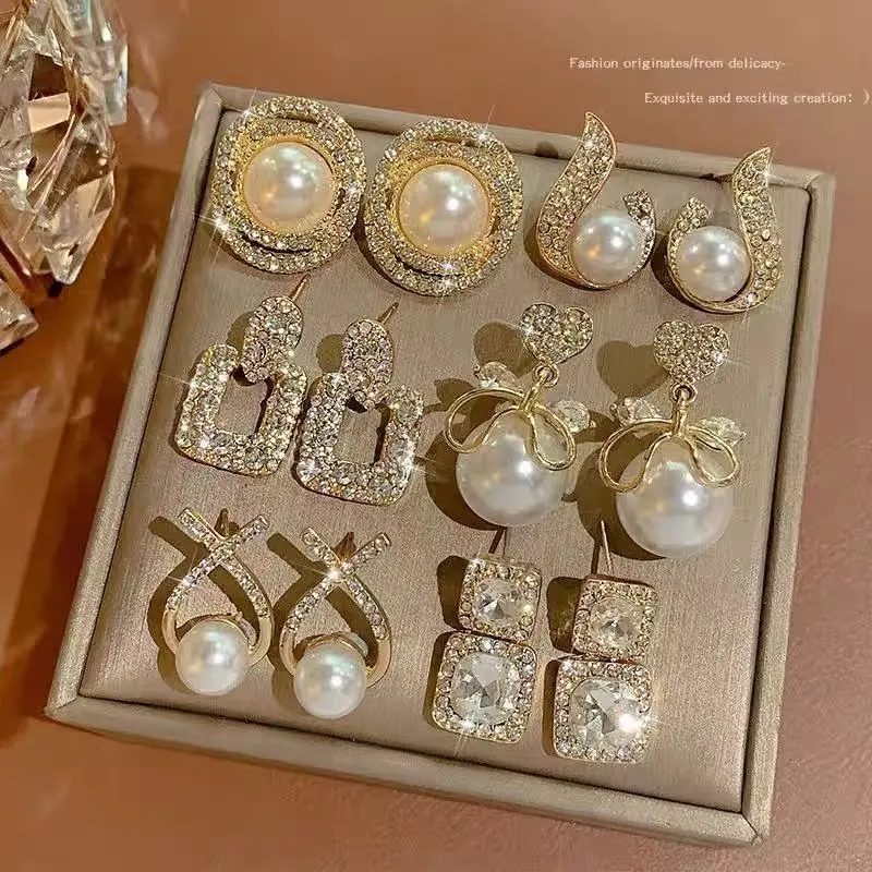6 Pairs Pearl And Rhinestone Earring Set, Assorted Elegant Studs And Drops for Women, Bridal And Office Style for Daily And Formal Wear