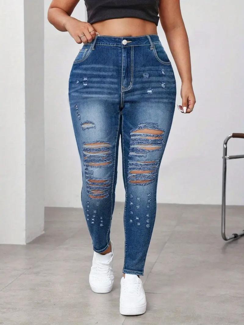 Plus Size Women's Elastic Washed Tight Casual Ripped Skinny Jeans, Distressed High Waist Long Denim Jeans for All Seasons, Sexy Date