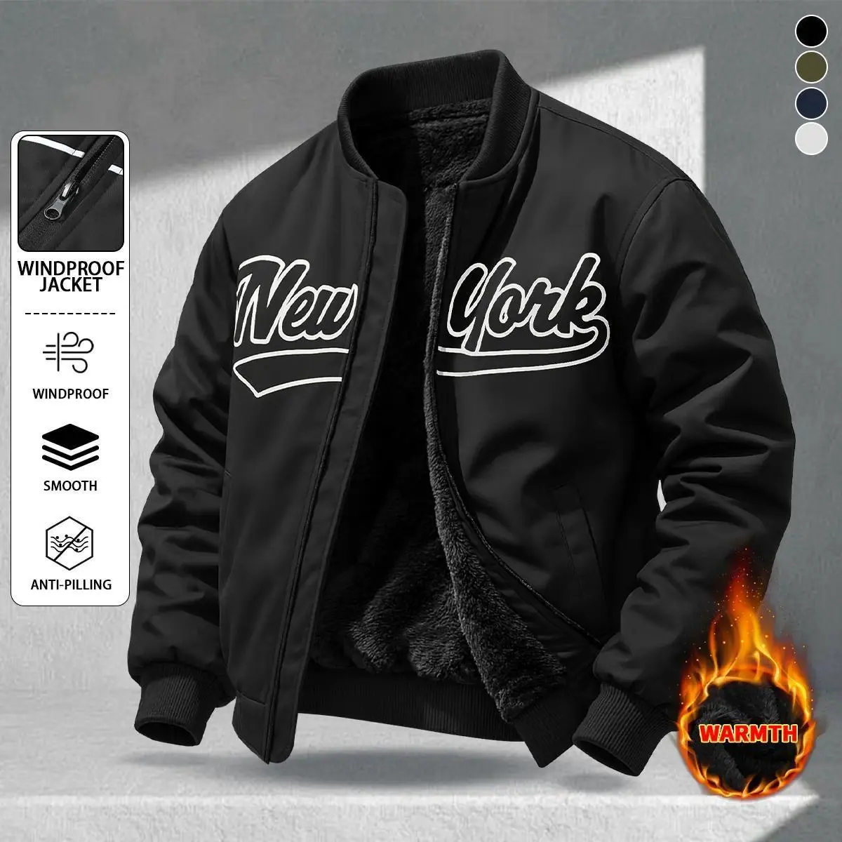 Men's casual baseball collar jacket with fleece lining, effective heat retention, windproof surface design, featuring letter print "New York", suitable for outdoor activities and daily wear, perfect for winter, an ideal gift choice for him