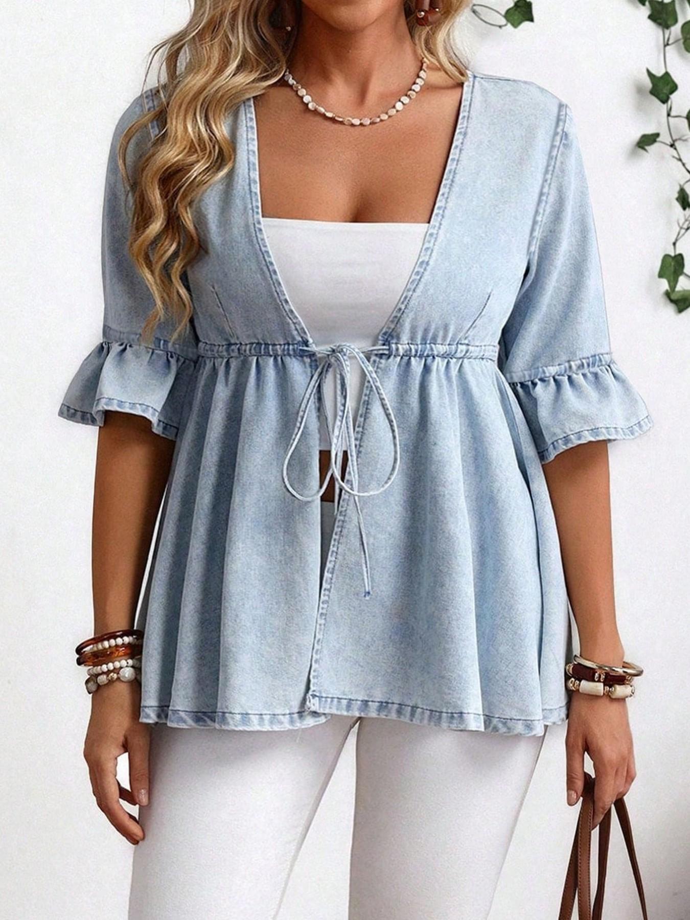 Women's Light Blue Denim Belted Cardigan, Casual Commute, Beach Outerwear, Afternoon Tea Date, Drawstring Waist, Flounce Sleeves, V-Neck, A-Line Hem