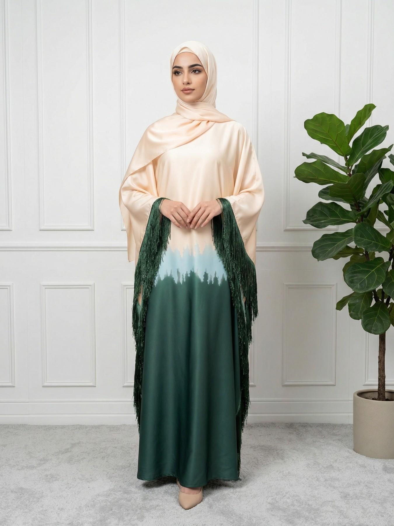 Women's Ombre Print Batwing Sleeve Dress, Chic Elegant Long Sleeve Dress for Party Wedding Guest, Ladies Islamic Clothing for All Seasons