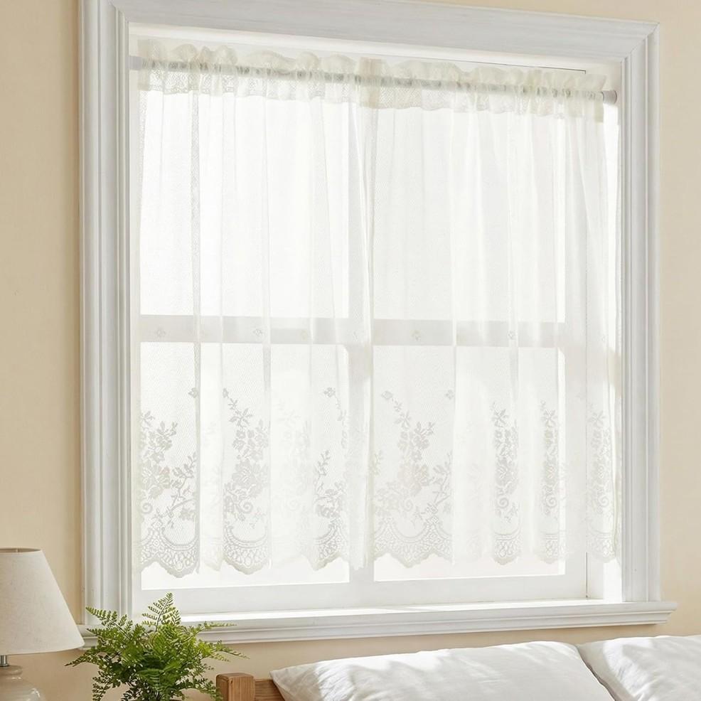 Lace Floral Embroidered Semi-Transparent Curtain, Kitchen Coffee Shop Restaurant Bathroom Decor, Elegant Window Treatment