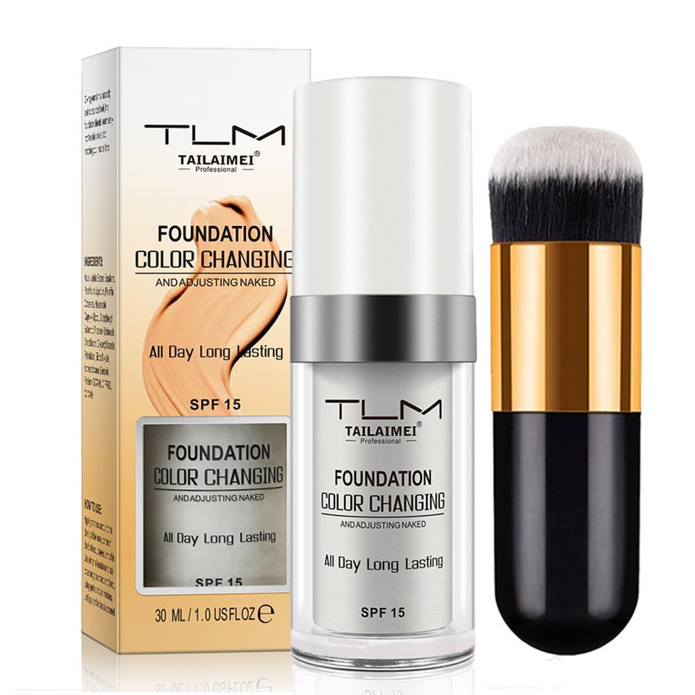 30ML Color Changing Foundation Liquid Set with Brush, Waterproof Sweatproof Long-Lasting Natural Makeup, Moisturizing Bb Cream Oil Control