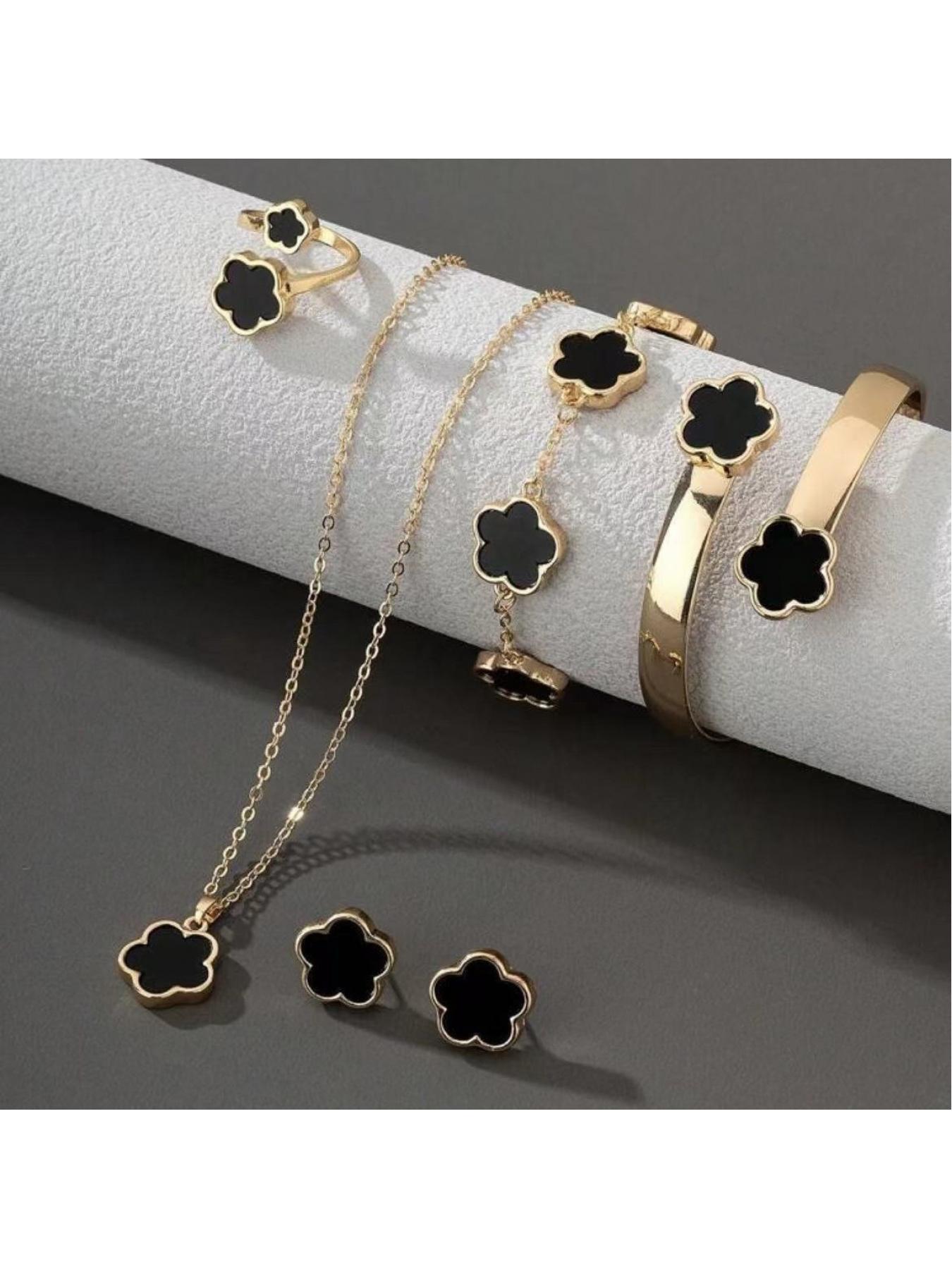 Flower Design (5-piece set), 2025 Summer Clothing Women's Solid Color Bracelet Necklace Bracelet Ring Bracelet, Party, Daily Clothing Decoration, Birthday Gift Jewelry, Party Preparation Bracelet, Fashion Bracelet