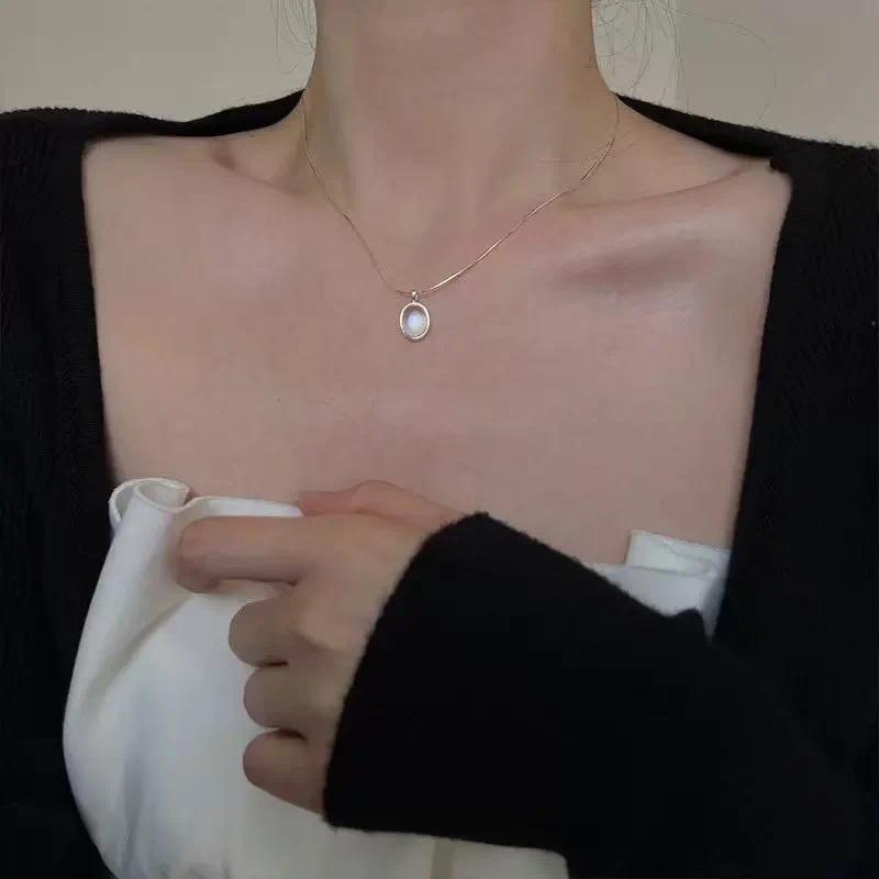925 Sterling Silver Necklace with Moonstone and Natural Aquamarine Pendant, Necklace, Clavicle Chain, Women's Jewelry