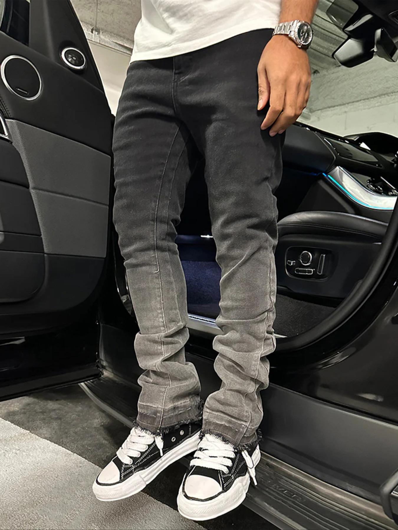 Men's Slim Fit Elastic Straight Leg Denim Jeans, Vintage Washed Distressed Gradient Streetwear Street Style, All-Season Fashion Pants