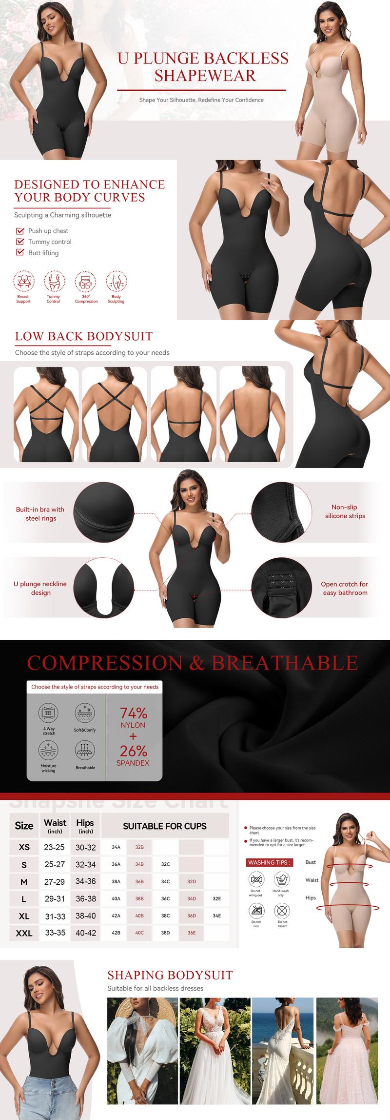 Backless Shapewear Strapless Deep U Plunge Bodysuit for Women Tummy Control Built In Bra Low Back Women's Shaping Bodysuit Mid-Thigh Seamless V-Neck Thigh Slimmer Girdles
