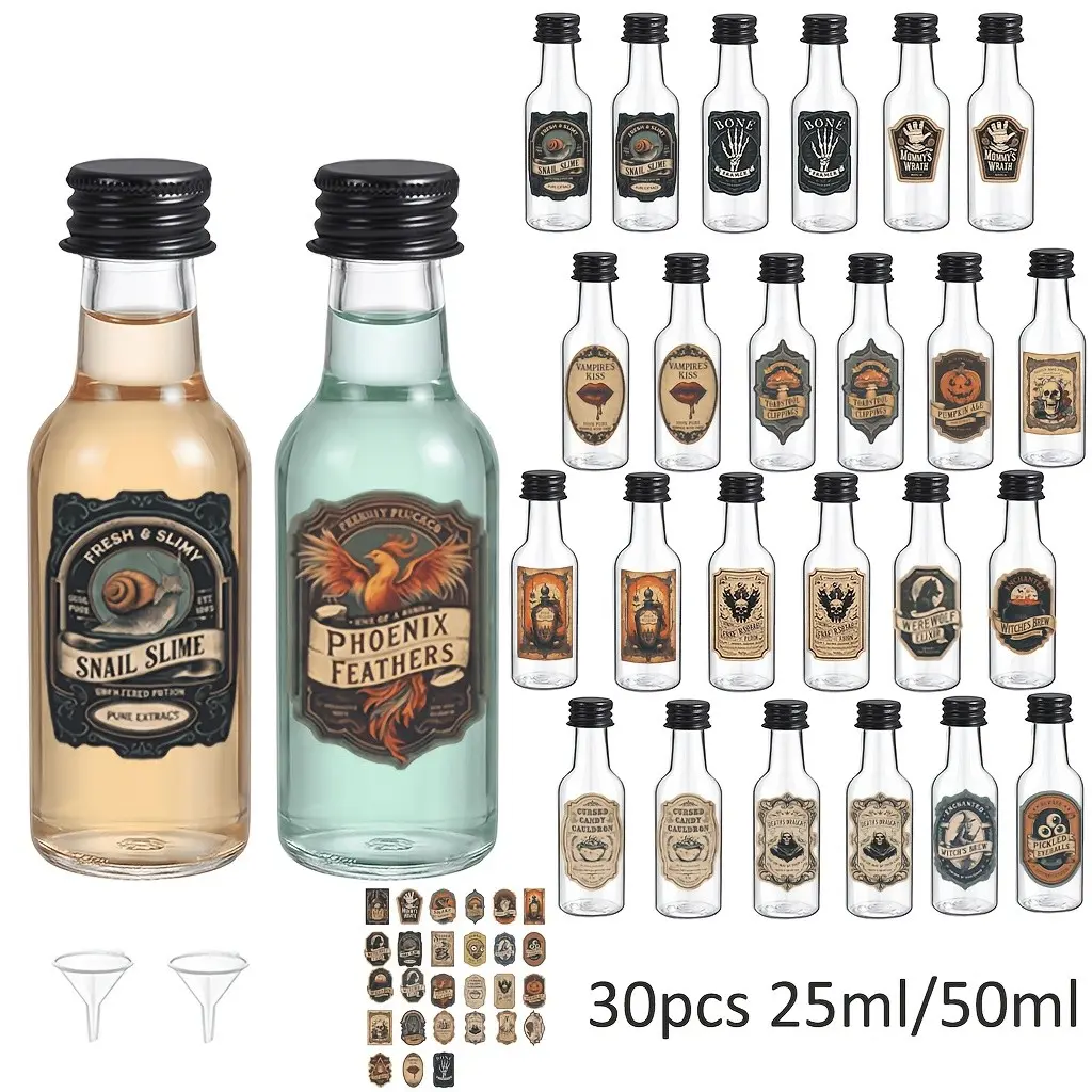 30pcs Halloween Creative Reusable Plastic Wine Bottles, Leak Proof Design, Portable Beverage Packaging Cans, Ideal for Parties and Home Use