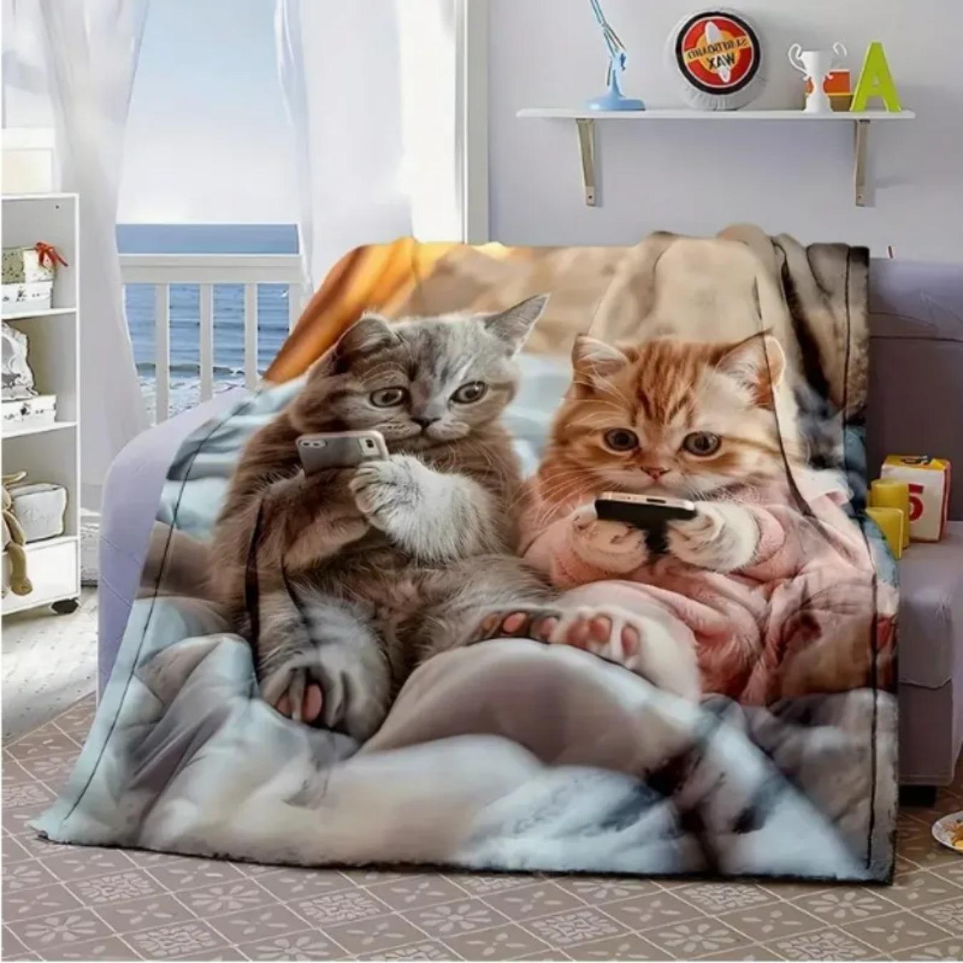 Cute Cartoon Cat Flannel Blanket Soft Cozy Throw Blanket for Sofa Bed Office Nap All Season Cat Pattern Plush Blanket Home Decor Gift for Cat Lover
