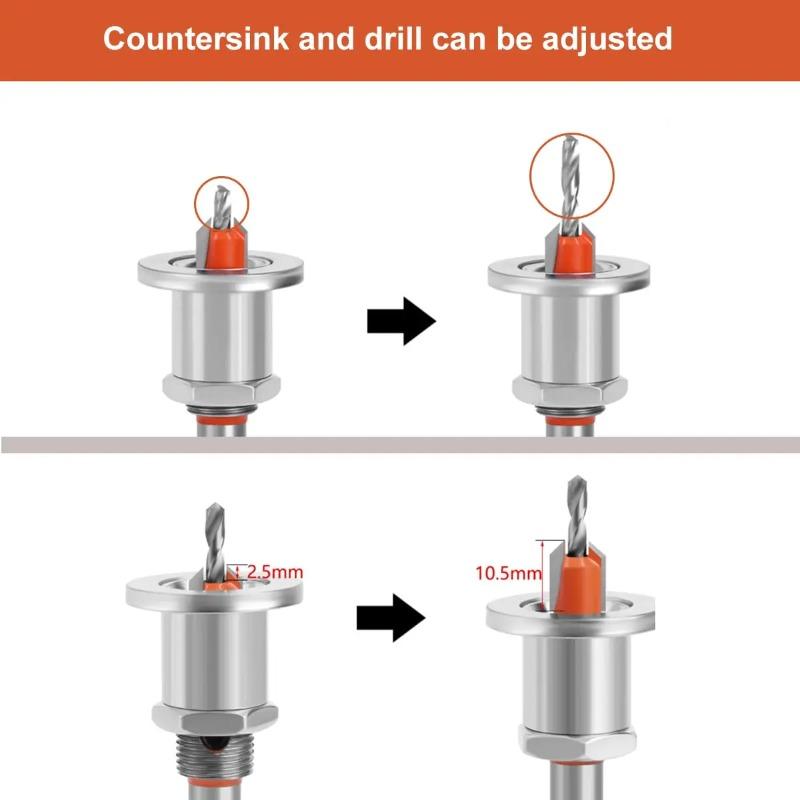 Countersink Drill Bit Set 5Pcs(2.8/3.0/3.2/3.5/4mm), Woodworking Countersink Drill Bits with Adjustable Bit Depth Stop for Wood.(8mm Countersink Diameter)