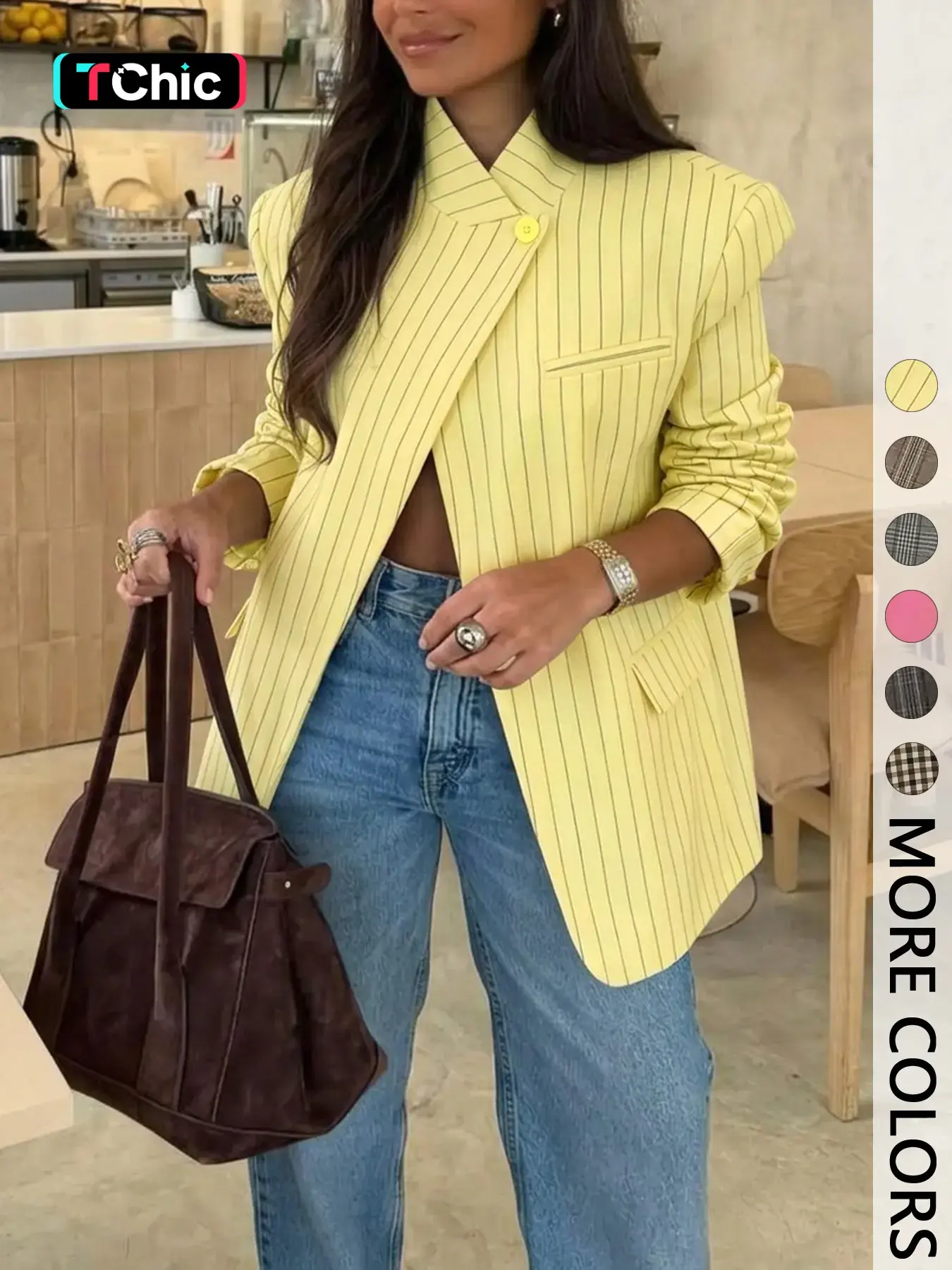 Women's Stand Collar Asymmetrical Single Button Blazer, Shoulder Pad Long Sleeve, Oversized Relaxed Silhouette, Flap Pocket, Vintage Street Style, Perfect for Coffee Runs, Brunch and Daily Errands