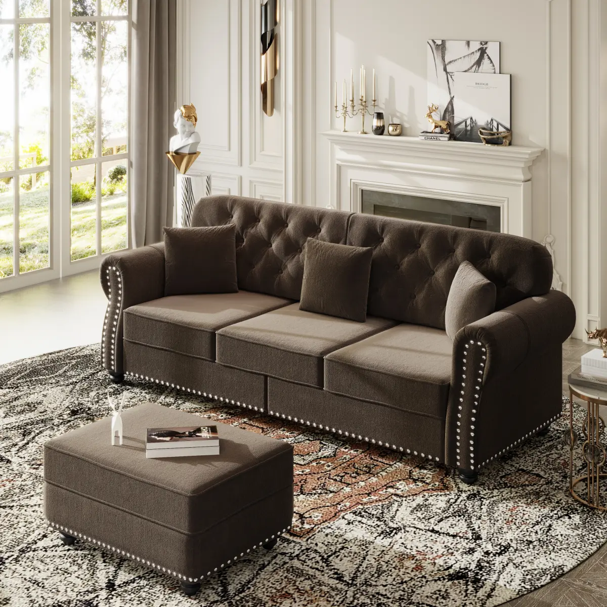 82.6" Velvet Chesterfield Sofa, Upholstered 3-Seater Couch with 1 Ottoman, Sectional Sofa with Nailhead Trim and Rolled Armrests for Living Room, Includes 3 Pillows, Brown