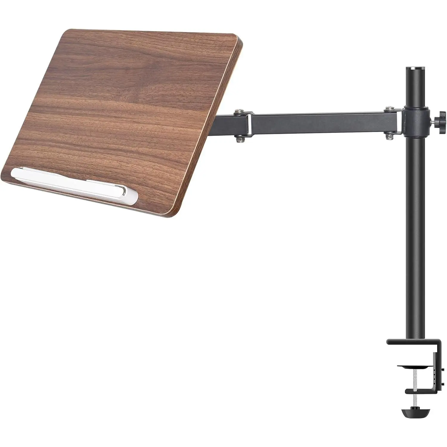 Adjustable Book Stand with Desk Clamp Mount, Wooden Reading Holder with Metal Arm, Black