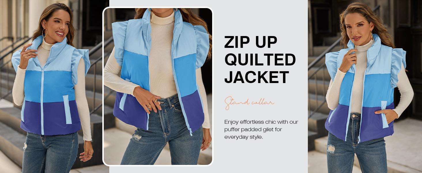 Tankaneo Womens Puffer Vest Ruffle Sleeveless Zip Up Quilted Jacket Color Block Winter Warm Padded Gilet Coats Tankaneo Womens Puffer Vest Ruffle Sleeveless Zip Up Quilted Jacket Color Block Winter Warm Padded Gilet Coats