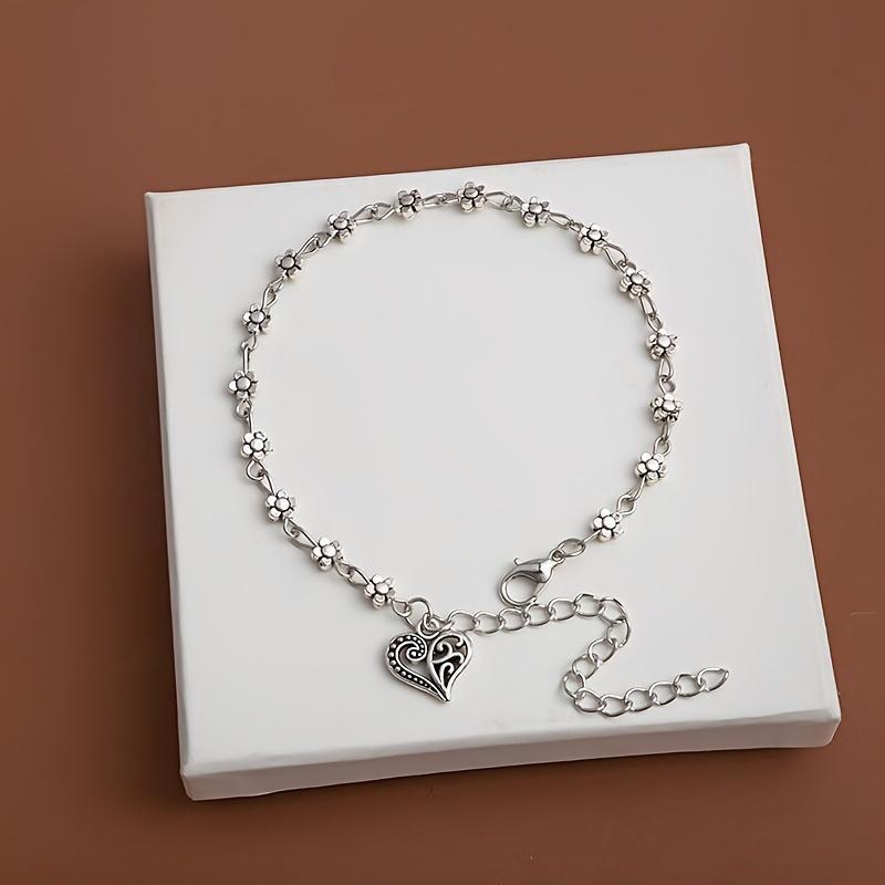Women's Silvery Stainless Steel Bohemian Ankle Bracelet - Hollowed Plum Blossom Flowers, Love Heart Designs, Tassel Foot Chain - Casual Female Costume Jewelry for Birthday Gift, Beach Party