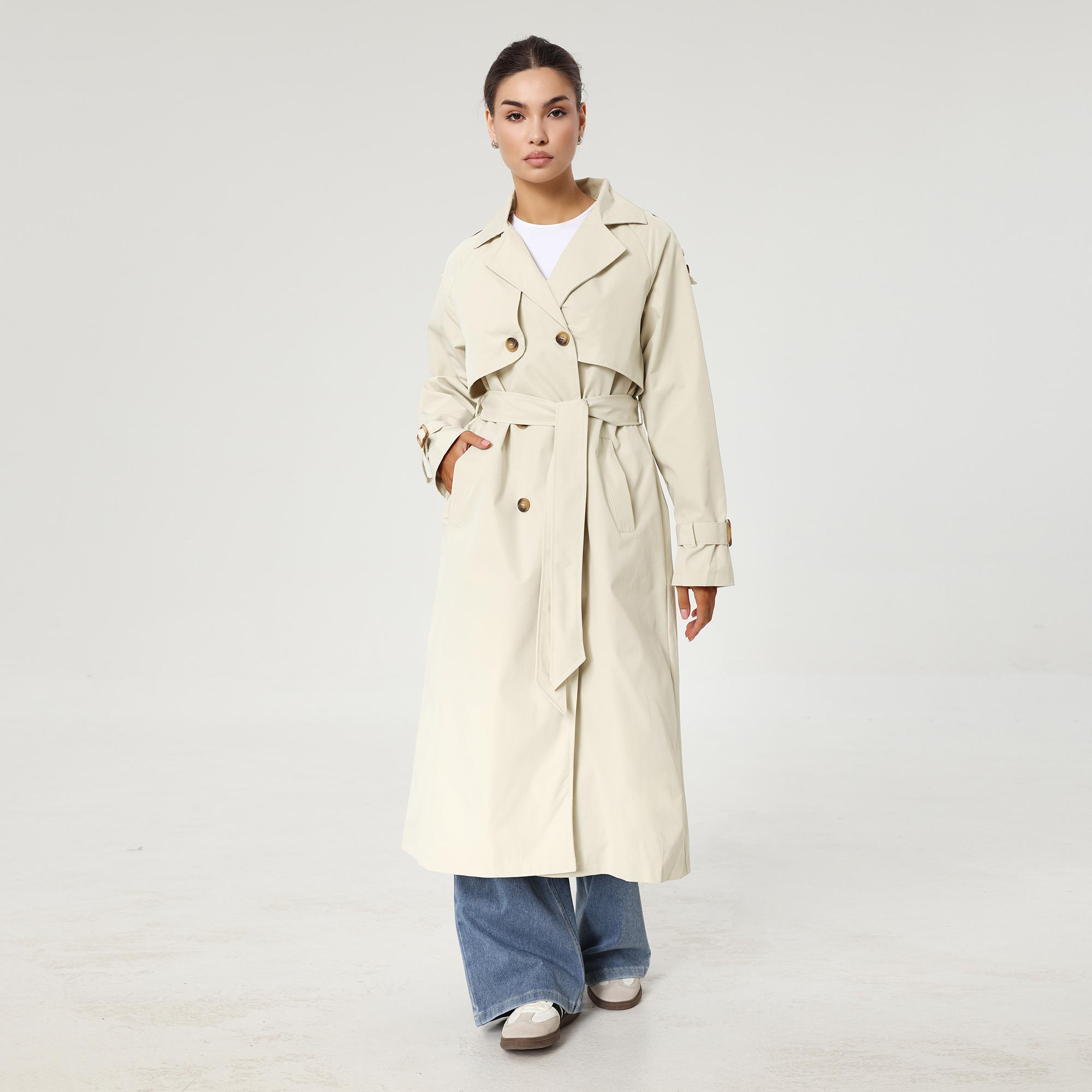 KatchMe Women's Solid Classy Notch Lapel Double Breasted Belt Decor Trench Coat, Versatile Plain Outerwear for Lady Streetwear, Minimalist Outfit