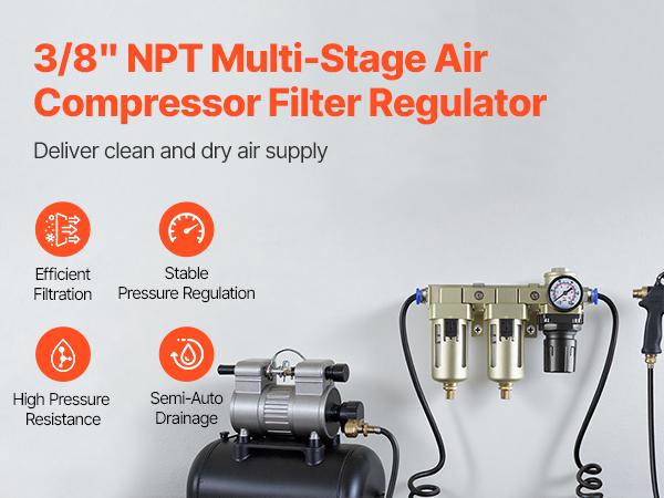 VEVOR Air Compressor Filter Regulator, 3/8 NPT Dual Stage Air-Drying System with 25m+ 5m Brass Filter Element, Semi-Auto Drain Air Compressor Water Separator 145PSI Max Working Pressure, Poly Bowl
