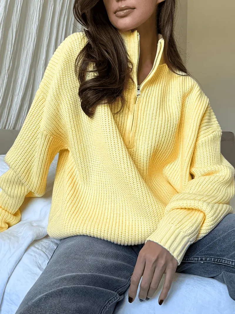 Cream half-zip sweater styling