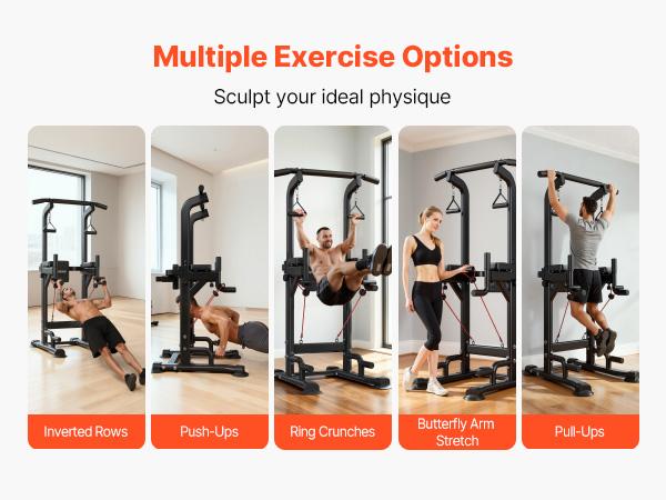 VEVOR Pull Up Bar, 330 LBS Power Tower Dip Station, Workout Dip Station with H-Shaped Stable Base Back Pad, Adjustable 12 Level Height Free Standing Chin Up Bar for Back, 4-Level Adjustable Back Pad