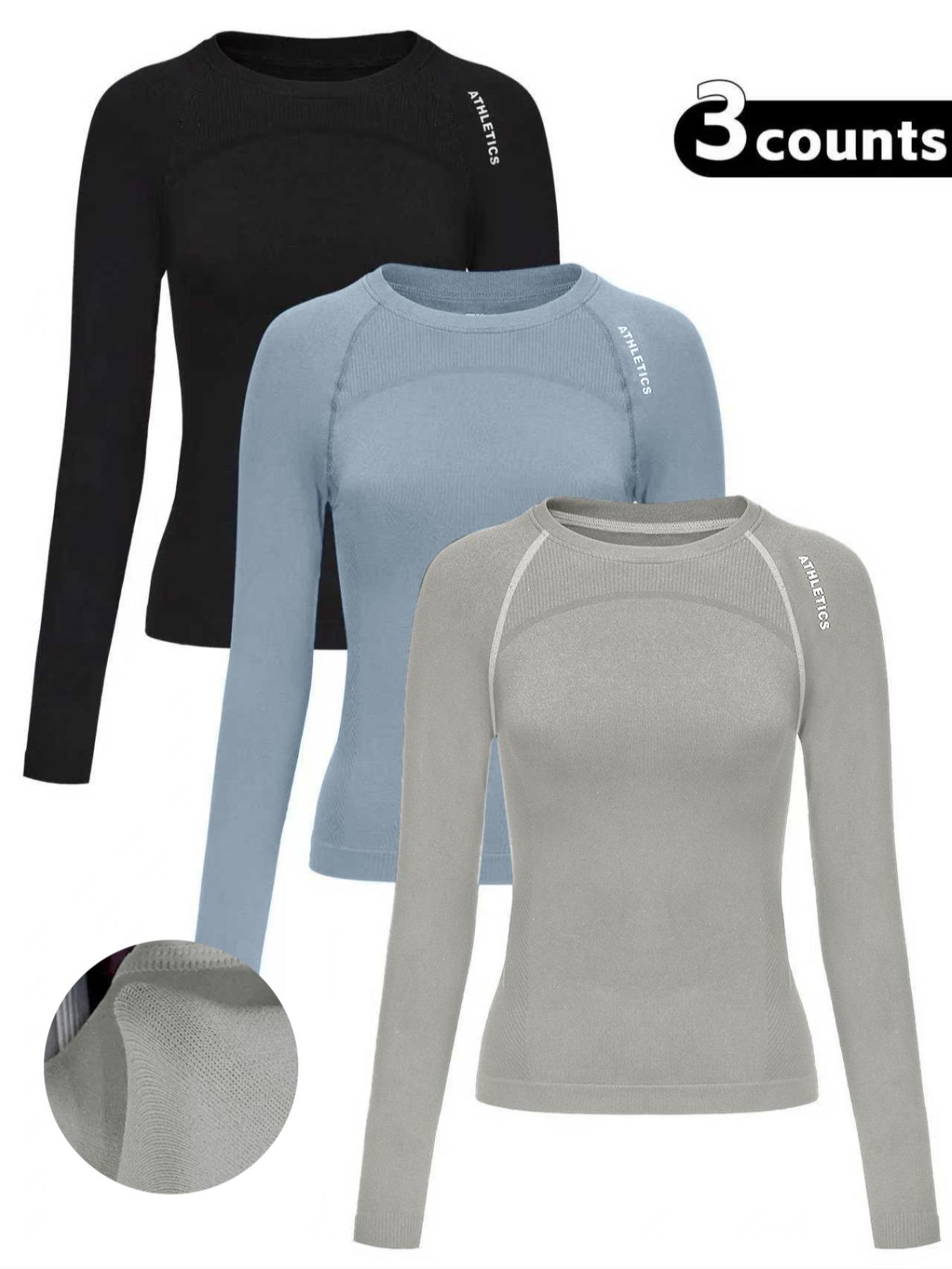 Women's Letter Print Baselayer Top, Long Sleeve Round Neck Compression Top for Yoga Gym Workout, Ladies Sportswear for Fall & Winter, Athletic Compression Shirt, Fitness Clothes Tops