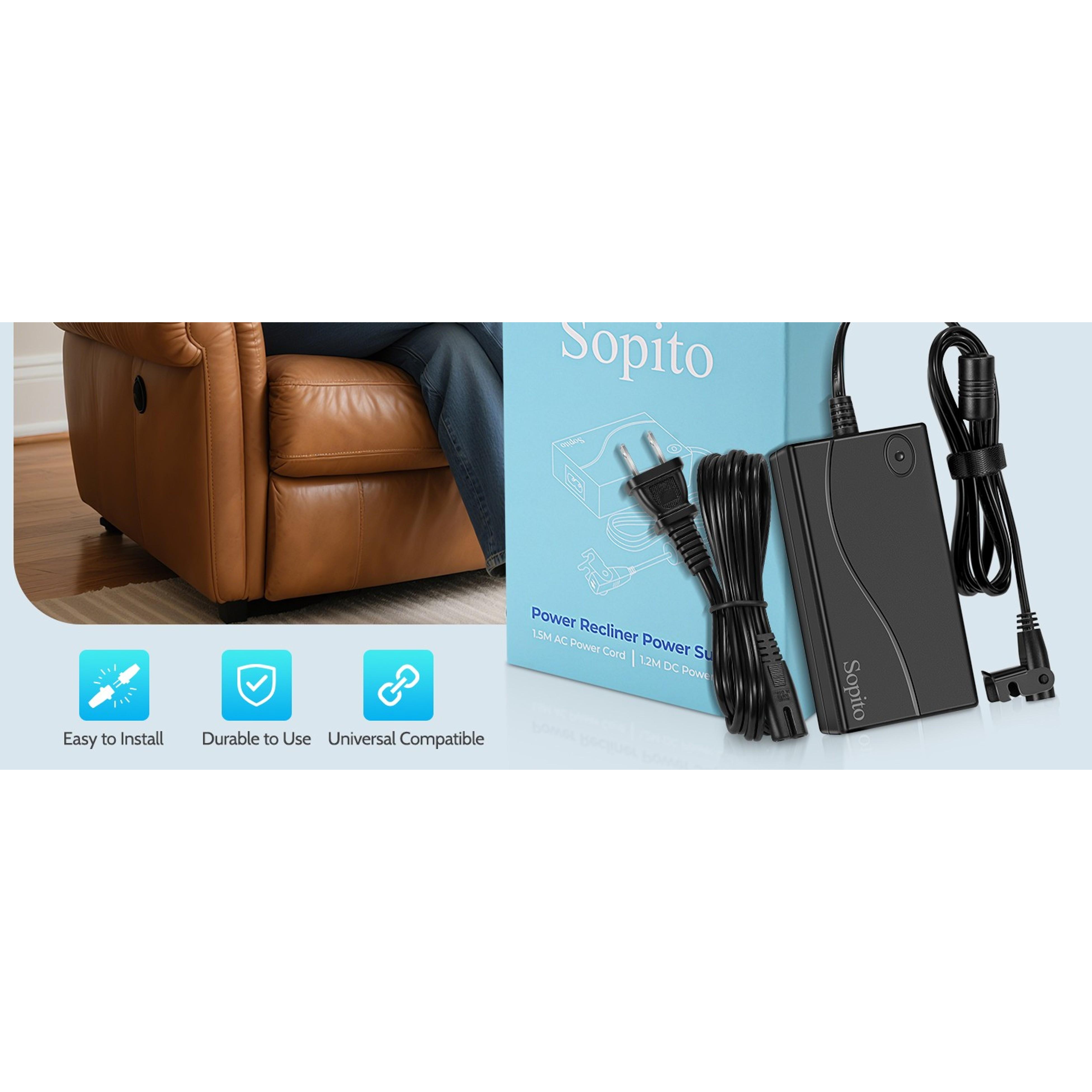 29V 2A Recliner Power Supply AC/DC Adapter, 2-Pin 100-240V 50/60Hz with Longer Power Cord, Replacement Transformer for Lift Chair, Electric Couch, Standing Desk
