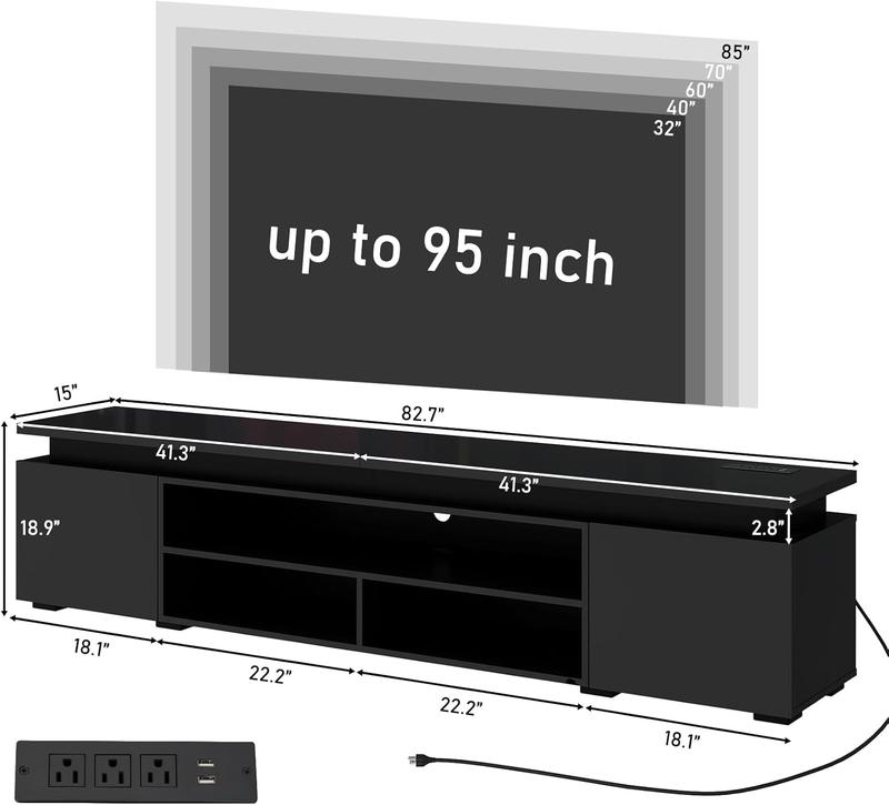 LED TV Stand for 75/85/95 Inch TV,66/73/83 Inch Modern Gaming TV Stand with Power Outlet, High Gloss TV Console Entertainment Center with Storage for Living Room, Bedroom Table Furniture