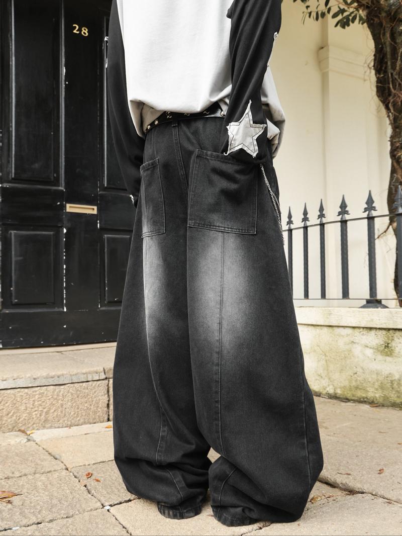 Men's Denim Jeans with Curved Knife Patchwork, American Style Y2K Streetwear Rock Casual Stacked Wide Leg Pants, All-Seasons