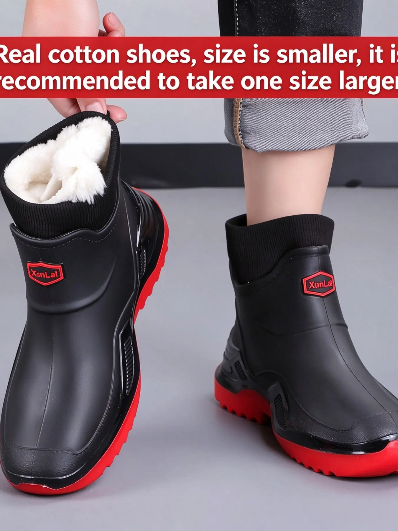 Men's short-ankle waterproof rain boots, warm with fleece lining for cold protection in winter, featuring a non-slip, thickened, wear-resistant sole and elastic cuff, suitable for outdoor work, rainy and snowy weather, and everyday wear, Anti slip boots