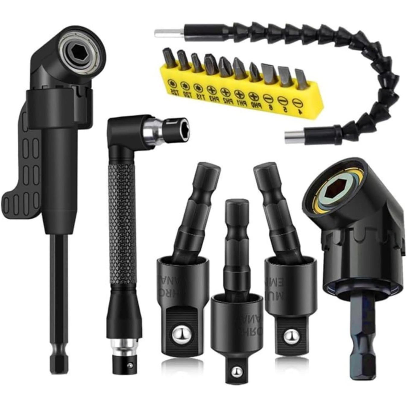 6-piece Angle Drill Bit Accessory and Right-angle Drill Bit Adapter Set - Includes 3 Rotatable 360° 1/4, 3/8, and 1/2 Inch Impact Grade Socket Adapters + 2 105° Hexagonal Shank and 90° Inclined Drill Bits Tool Kit