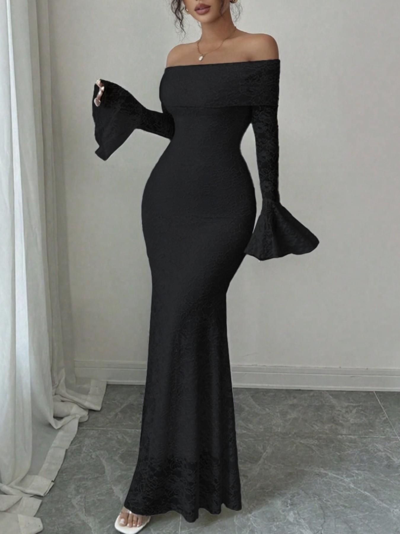 Women's One Shoulder Flare Sleeve Bodycon Long Dress, Lace Mermaid Tail Skirt, Long Sleeve, Elegant Party Wear, Summer Fashion