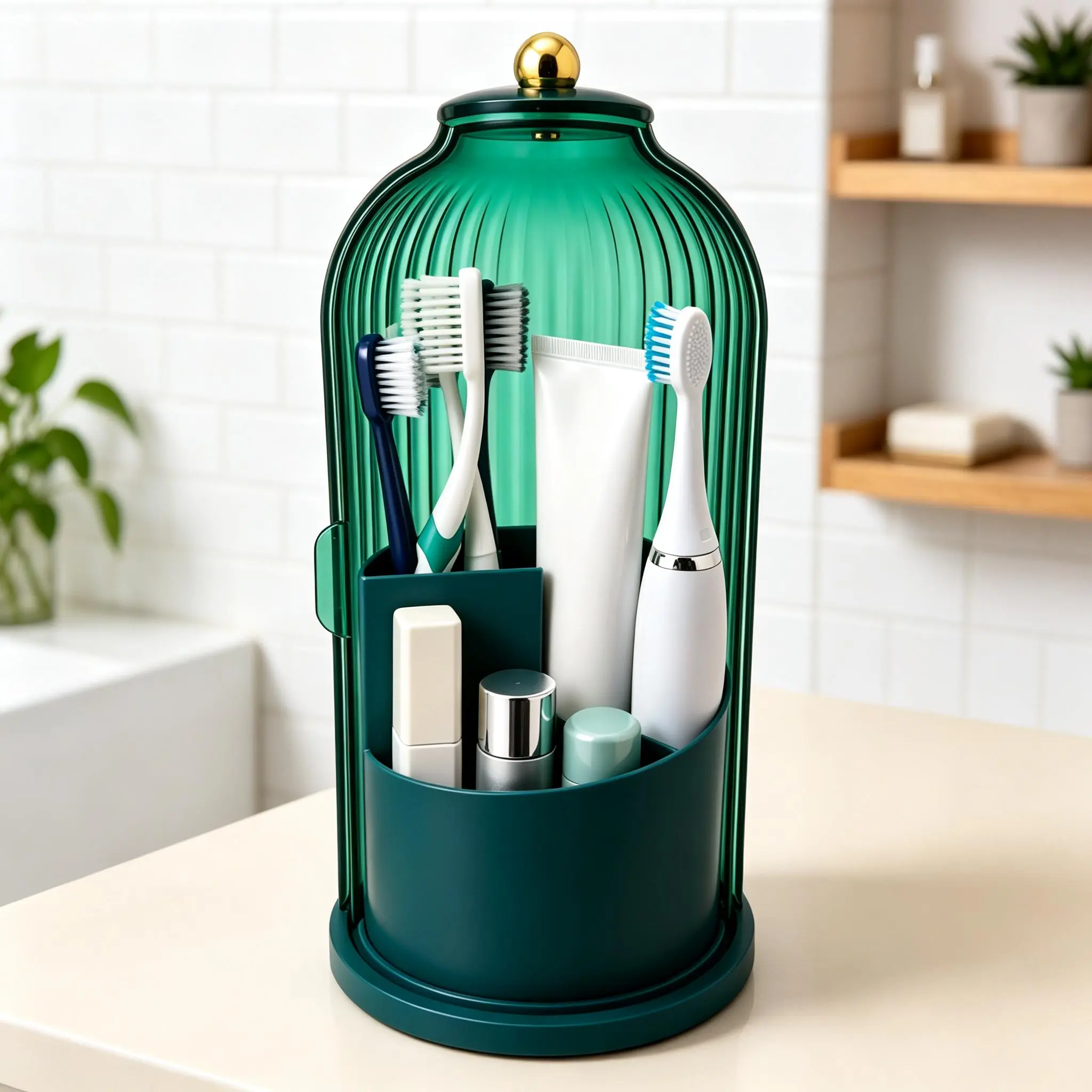 ABS Plastic Freestanding Bathroom Countertop Toothbrush Holder - 360° Rotates, Dustproof, Multiple Slots, Multi-Functional Bath & Vanity Storage Caddy for Toothpaste, Makeup Brushes, Skincare Tools, Compact Space-Saving for Families, Rotates 360°