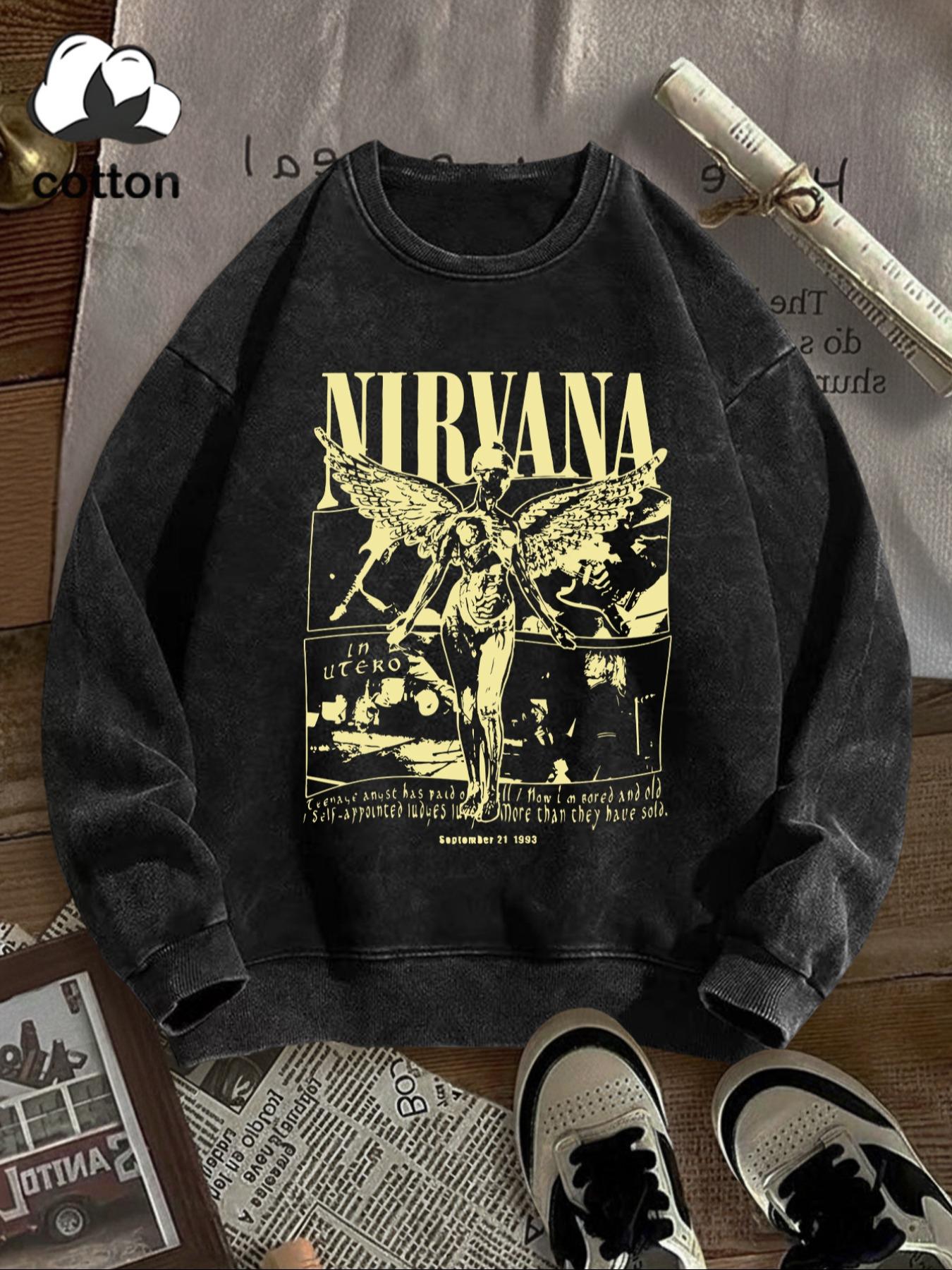 Cotton Letter Nirvana Print Round Neck Sweatshirt, Casual Vintage Style Pullover, Daily Wear, Fall & Winter Fashion